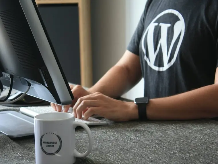person in black and white t-shirt with wordpress logo using computer